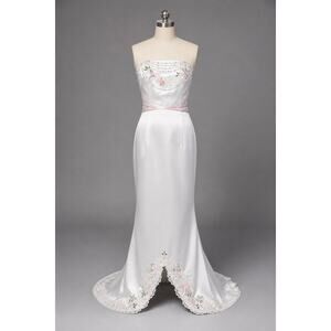 Retro Jovani Strapless Wedding Gown Size 2 Satin Floral Beaded Embroidered Dress